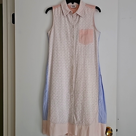 Dress in cotton sleeveless in blue, white and pink - Picture 1 of 5